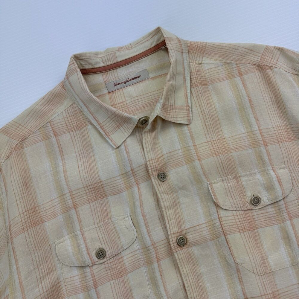 Tommy Bahama 100% Linen Shirt Mens XL Plaid Short Sleeve Button Up Resort